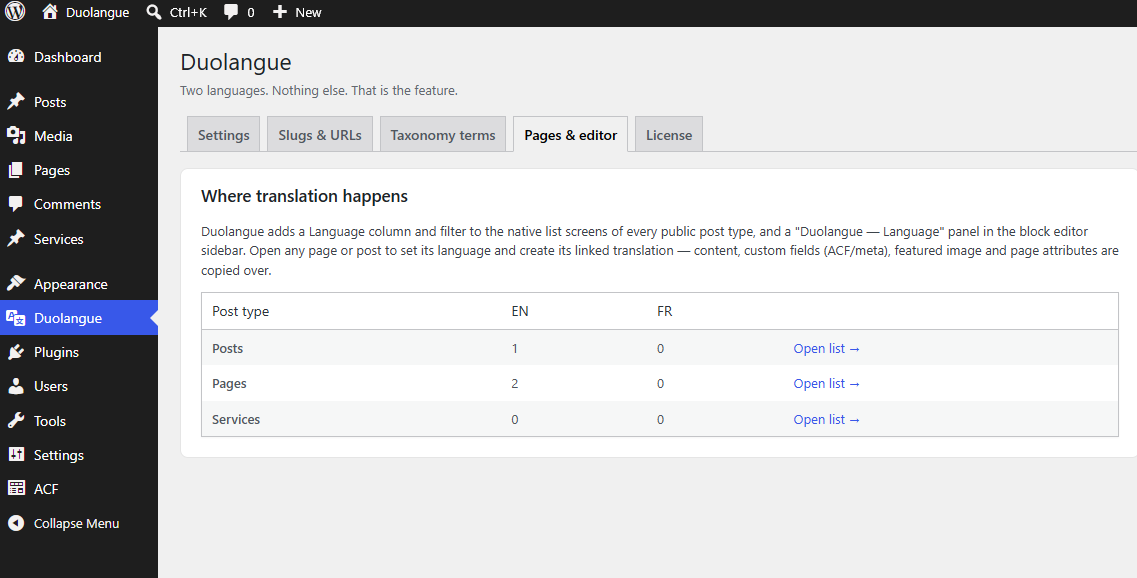 Duolangue Language panel in the WordPress editor with a Create French version button and a selector to link an existing page