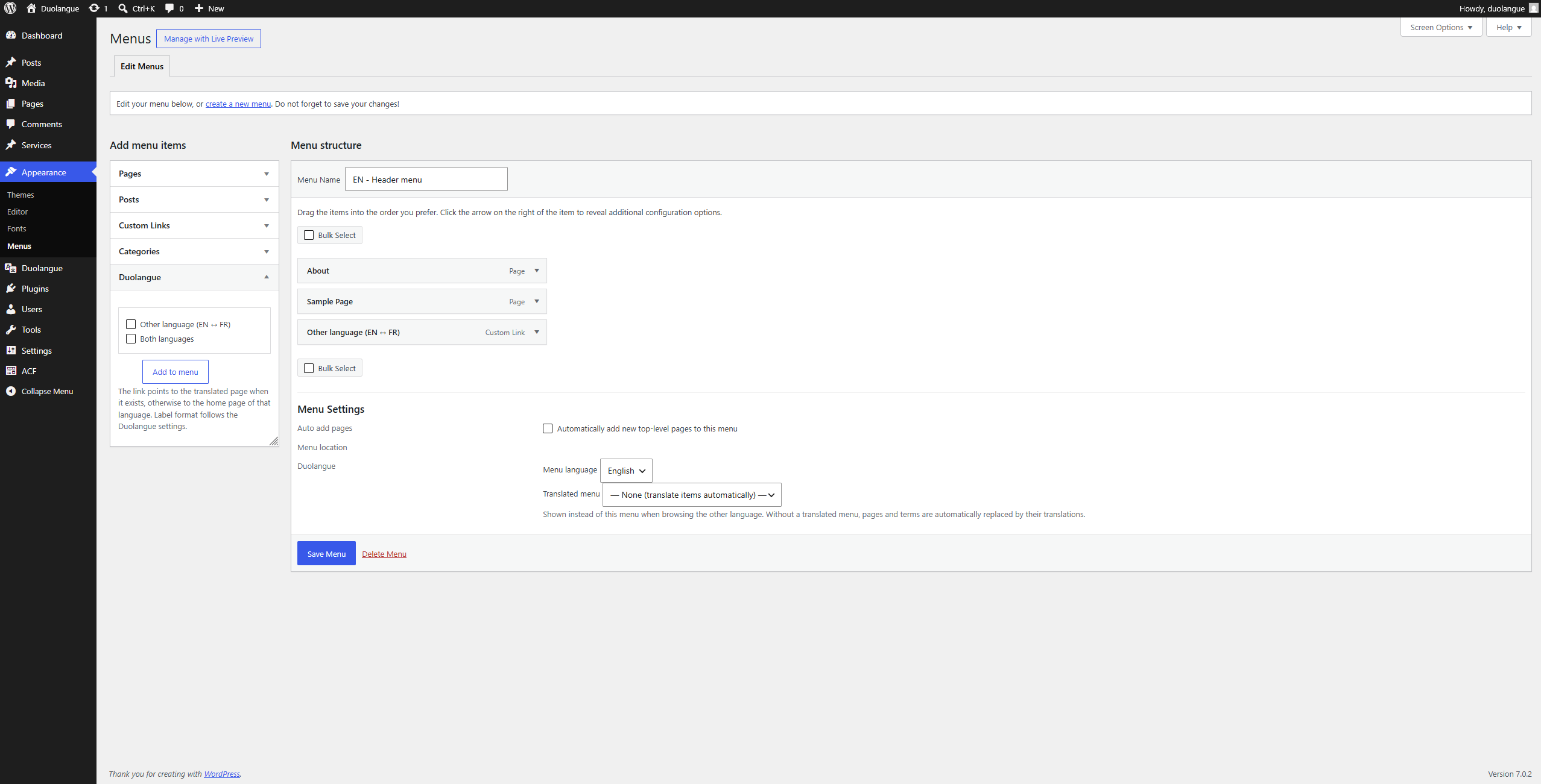 WordPress menu editor with a draggable Duolangue language item placed inside the menu structure