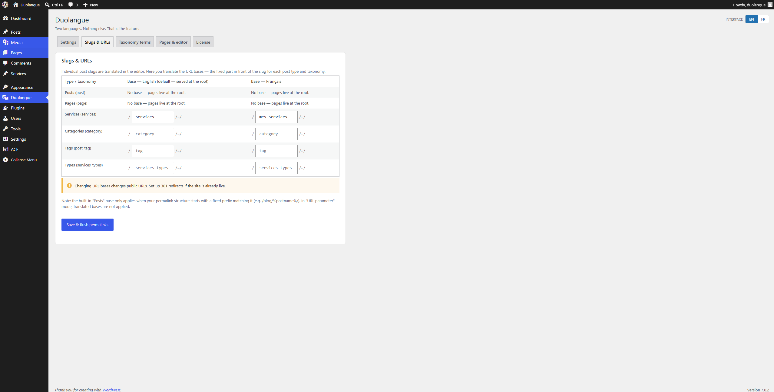 Duolangue Slugs and URLs screen translating URL bases per post type, merci versus thank-you