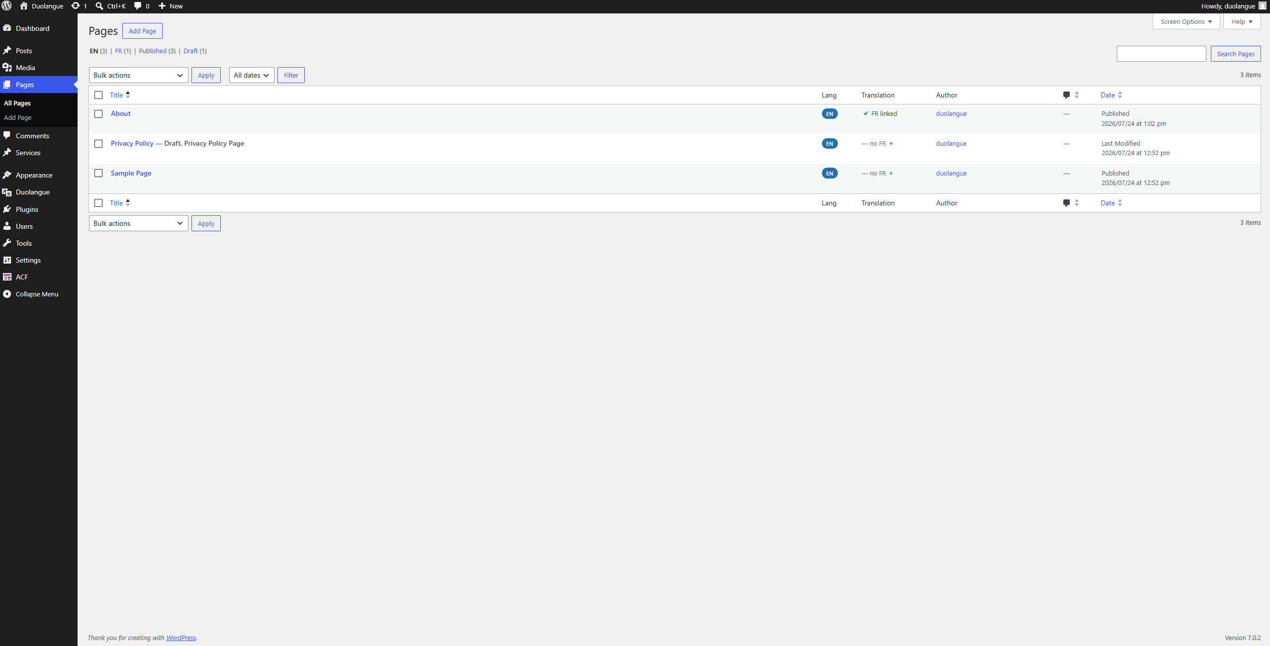 WordPress Pages list with EN and FR language tabs, a Lang column and a linked-translation column added by Duolangue